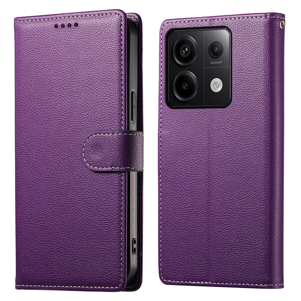 DF-012 For Xiaomi Redmi Note 13 Pro 5G / Poco X6 5G Case Litchi Texture Leather Magnetic Clasp Wallet Stand Phone Cover with Wrist Strap