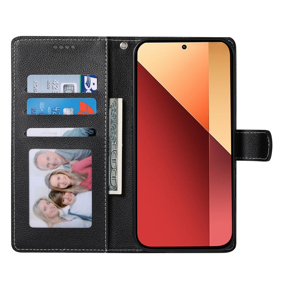 DF-012 For Xiaomi Redmi Note 13 Pro 4G Case Litchi Texture Leather Magnetic Clasp Wallet Stand Phone Cover with Wrist Strap