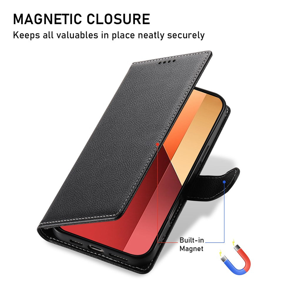 DF-012 For Xiaomi Redmi Note 13 Pro 4G Case Litchi Texture Leather Magnetic Clasp Wallet Stand Phone Cover with Wrist Strap