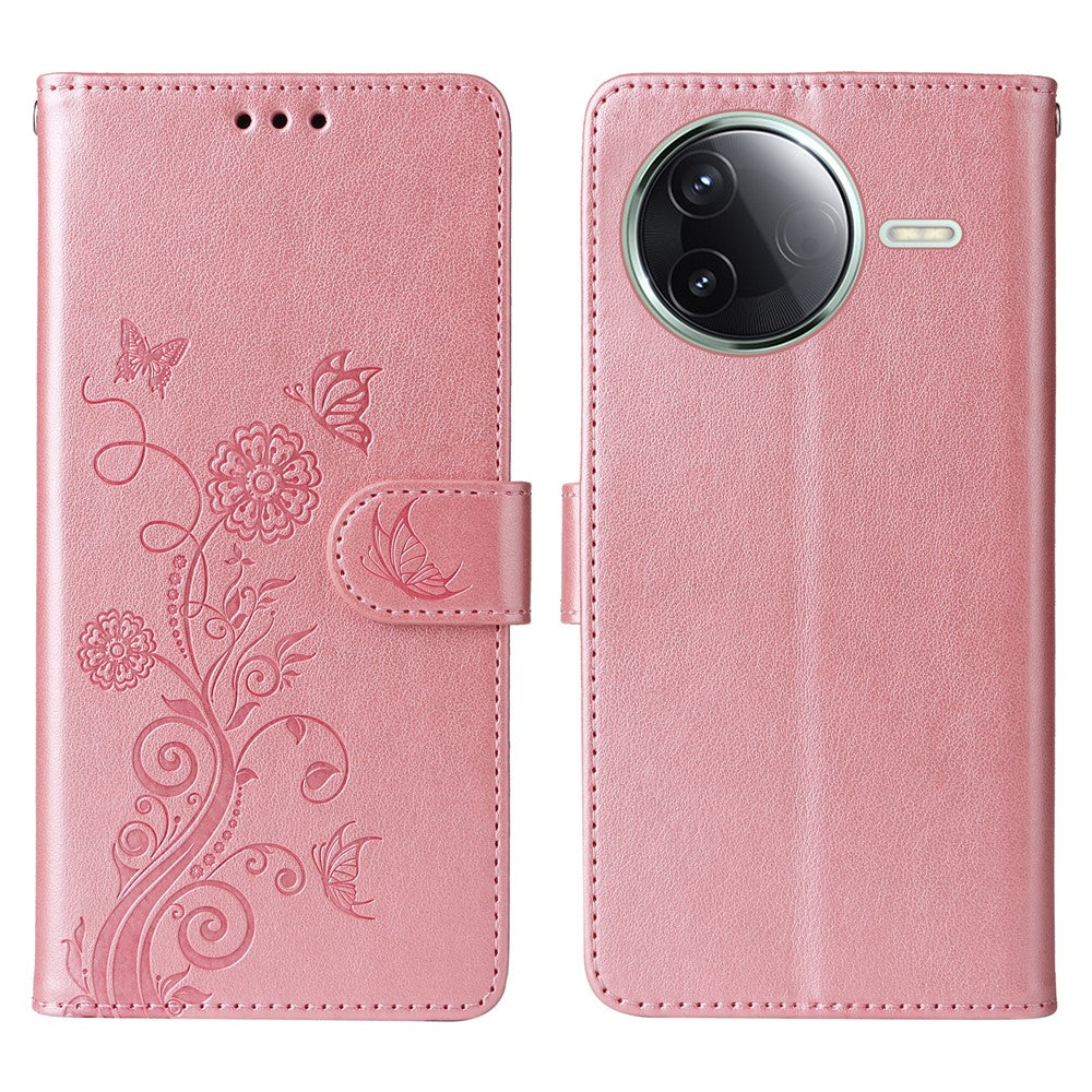 Cover til Xiaomi Poco F7 Pro 5G / Redmi K80 5G med sommerfugleblomstermotiv, pungfunktion, stativ og læder