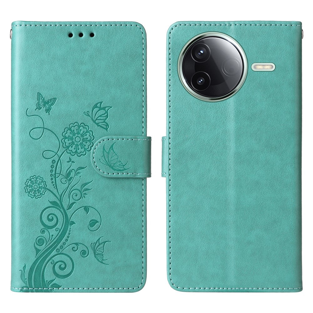 Cover til Xiaomi Poco F7 Pro 5G / Redmi K80 5G med sommerfugleblomstermotiv, pungfunktion, stativ og læder