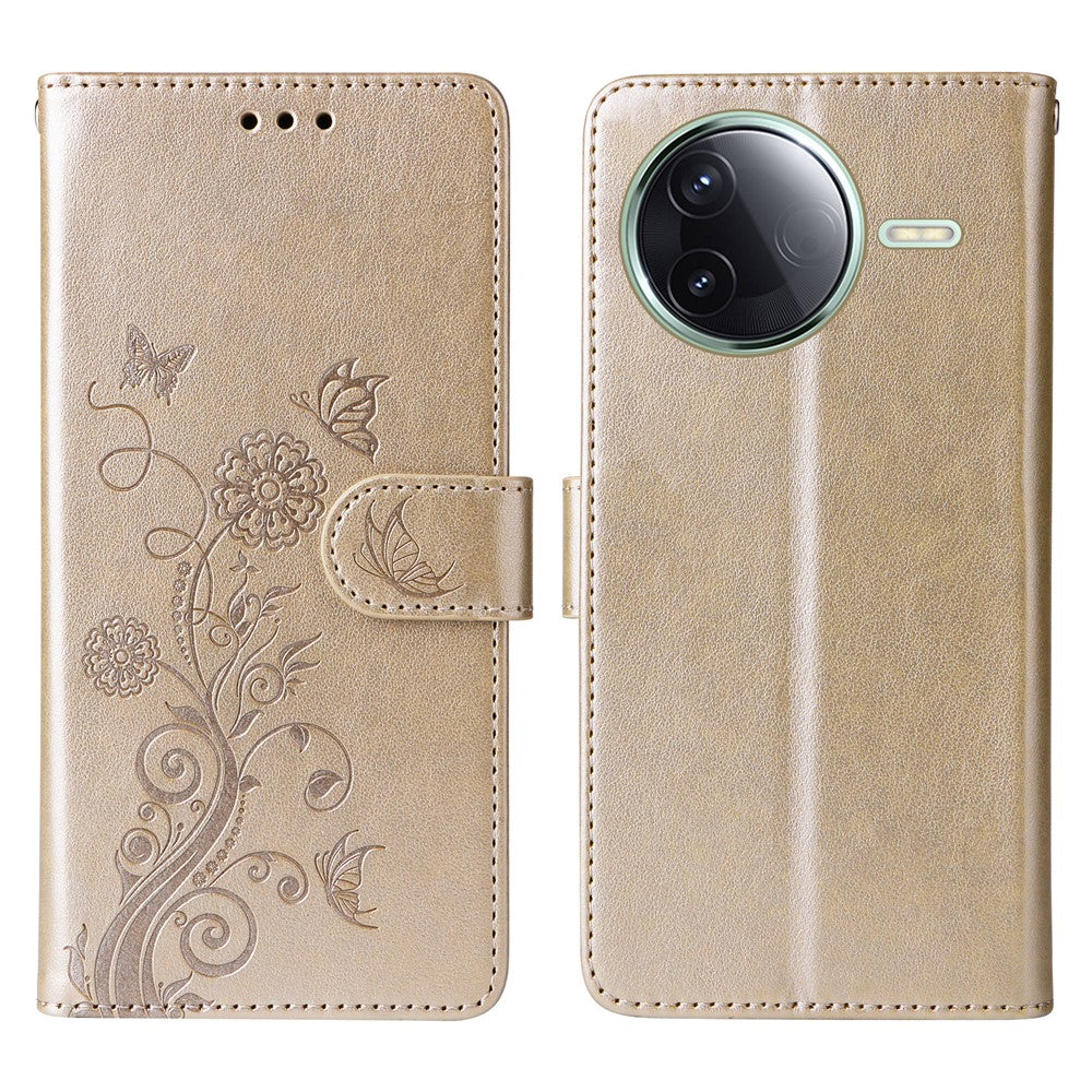 Cover til Xiaomi Poco F7 Pro 5G / Redmi K80 5G med sommerfugleblomstermotiv, pungfunktion, stativ og læder
