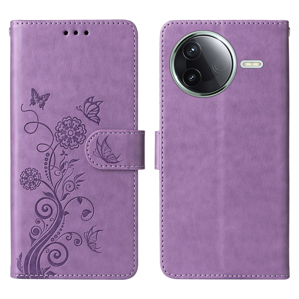 Cover til Xiaomi Poco F7 Pro 5G / Redmi K80 5G med sommerfugleblomstermotiv, pungfunktion, stativ og læder