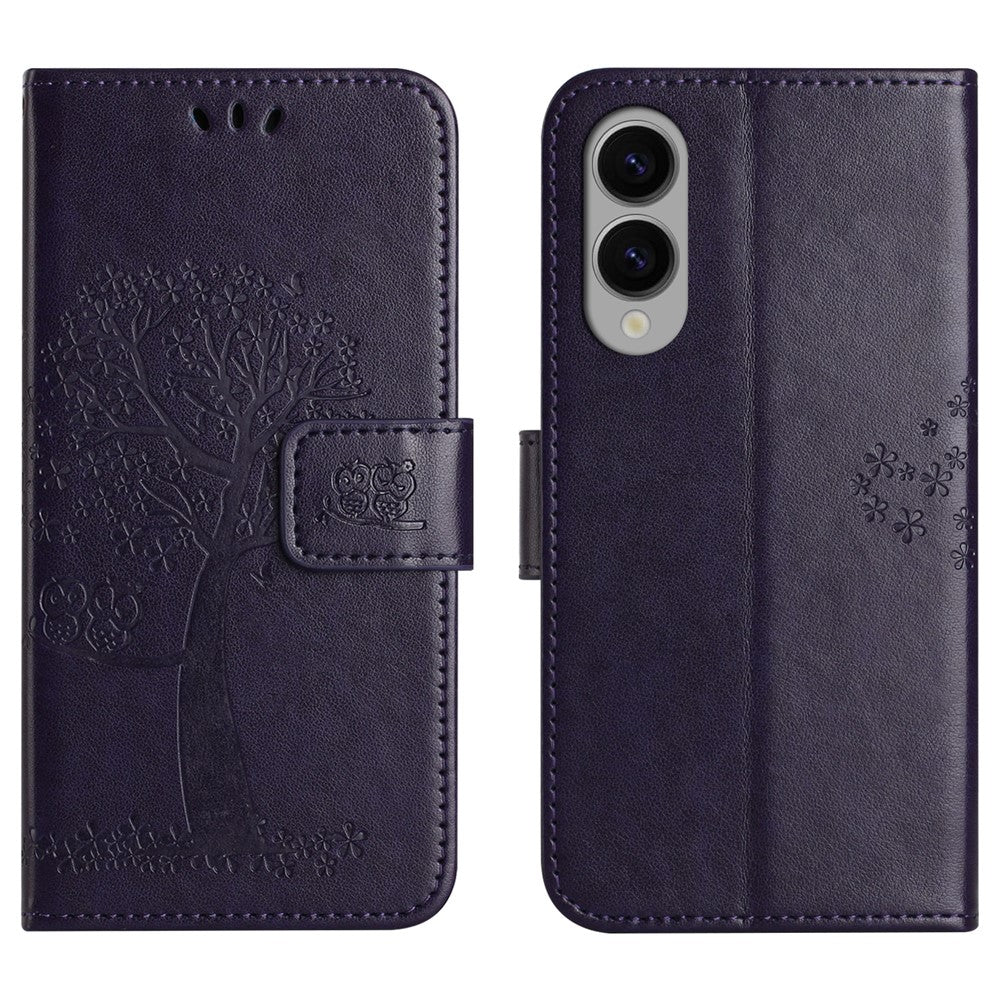 Samsung Galaxy S25 Edge-skal i PU-läder med uggla och trädpräglad plånboksfodral