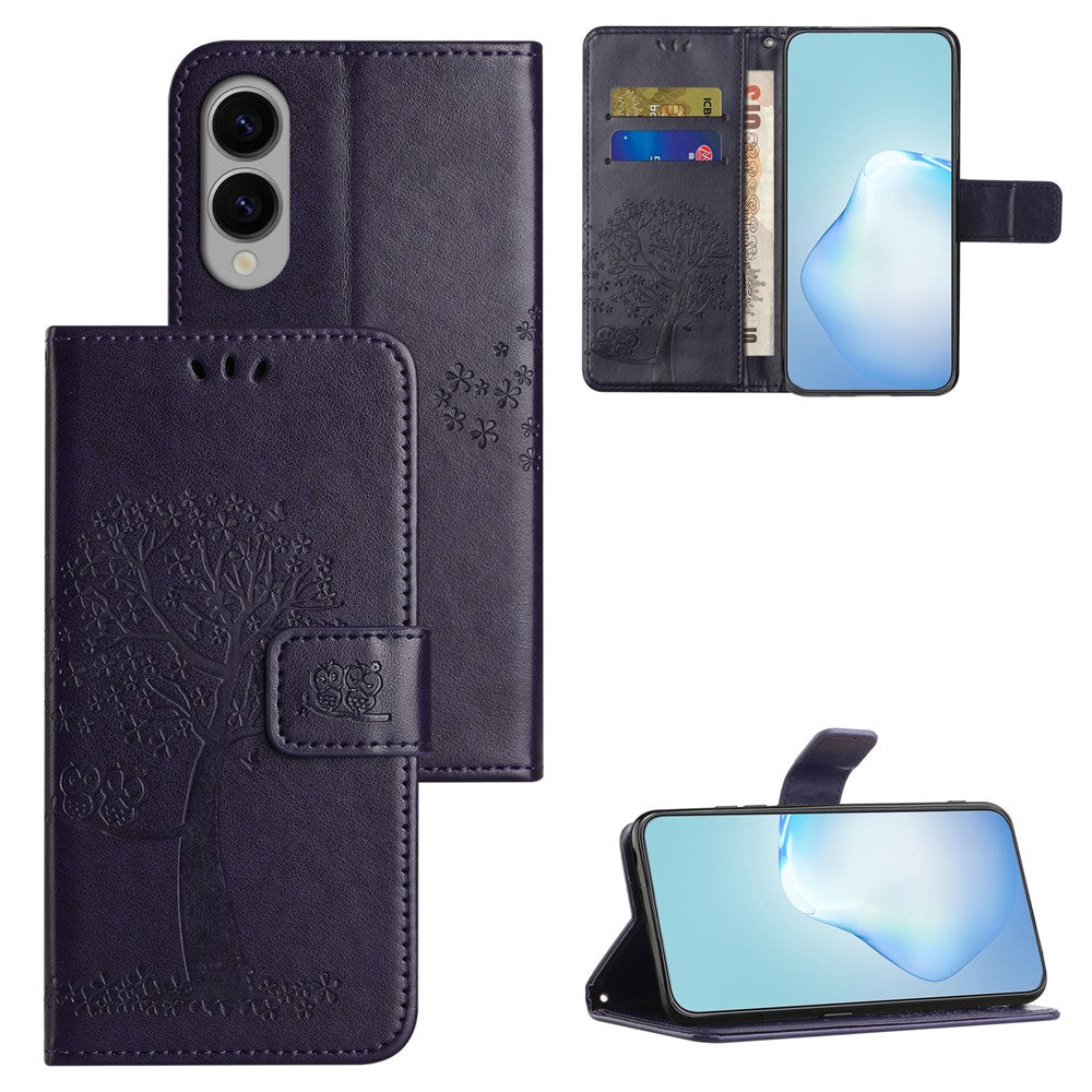 Samsung Galaxy S25 Edge-skal i PU-läder med uggla och trädpräglad plånboksfodral