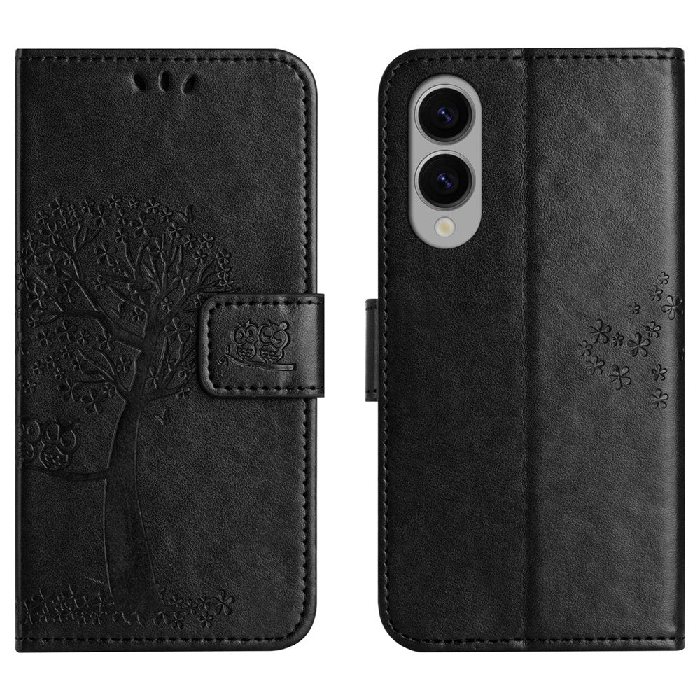För Samsung Galaxy S25 Edge Skal i PU-läder med uggla-träd präglat plånboksfodral
