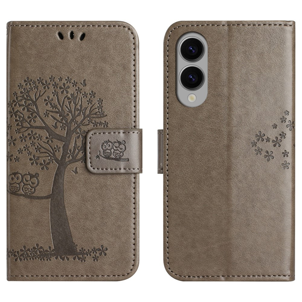 Samsung Galaxy S25 Edge-skal i PU-läder med uggla och trädpräglad plånboksfodral