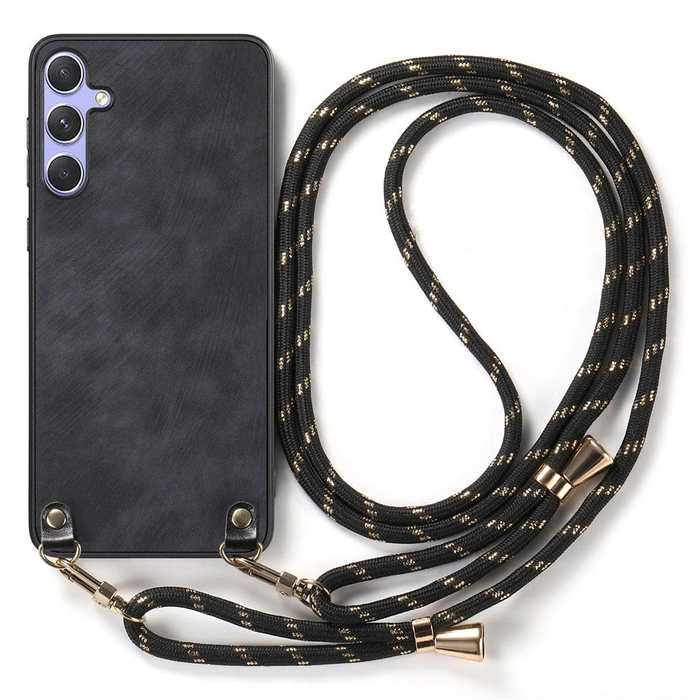 For Samsung Galaxy A56 5G Case Retro Texture Leather Coated PC + TPU Phone Cover with Hanging Rope