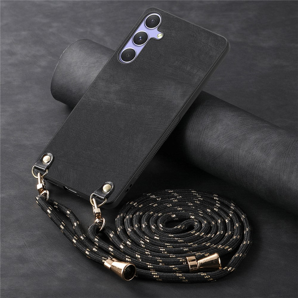 For Samsung Galaxy A56 5G Case Retro Texture Leather Coated PC + TPU Phone Cover with Hanging Rope