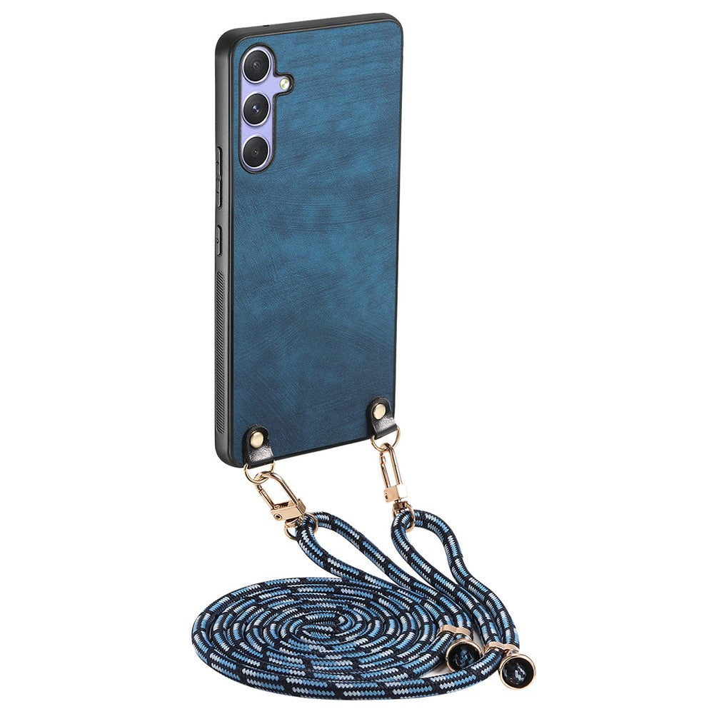 For Samsung Galaxy A56 5G Case Retro Texture Leather Coated PC + TPU Phone Cover with Hanging Rope