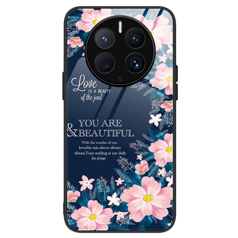 For Huawei Mate 50 Pro 4G Pattern Printing Tempered Glass Phone Case Hard PC Soft TPU Frame Anti-Scratch Shockproof Cover