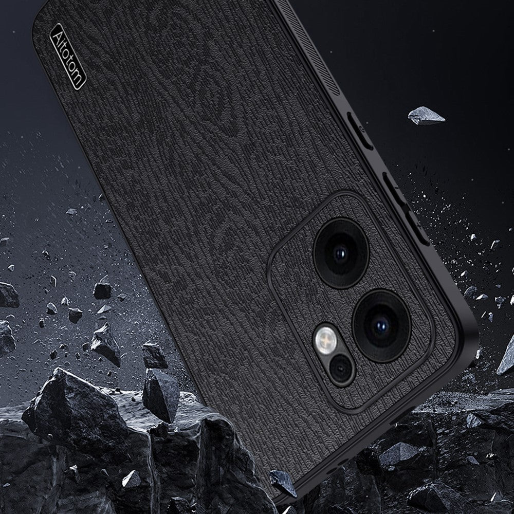 Oppo Reno13 F 5G (Reno 13 FS 5G) / 4G-cover med træstruktur, PU-læder og belagt PC TPU-mobilcover