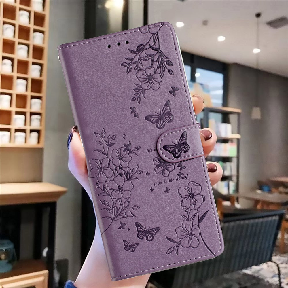 For Xiaomi Redmi Note 14 4G (163.25mm) Wallet Phone Case Butterfly Floral Imprint Leather Flip Cover with Strap