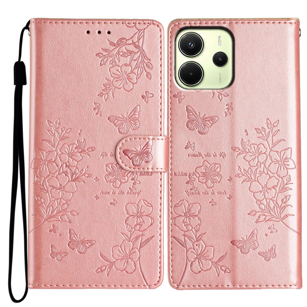 For Xiaomi Redmi Note 14 4G (163.25mm) Wallet Phone Case Butterfly Floral Imprint Leather Flip Cover with Strap
