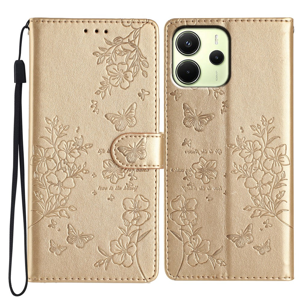 For Xiaomi Redmi Note 14 4G (163.25mm) Wallet Phone Case Butterfly Floral Imprint Leather Flip Cover with Strap