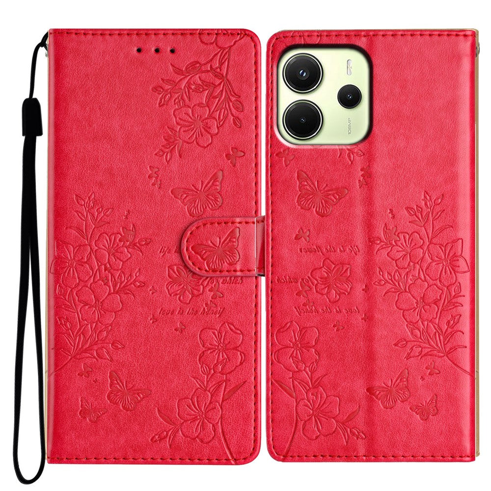 For Xiaomi Redmi Note 14 4G (163.25mm) Wallet Phone Case Butterfly Floral Imprint Leather Flip Cover with Strap