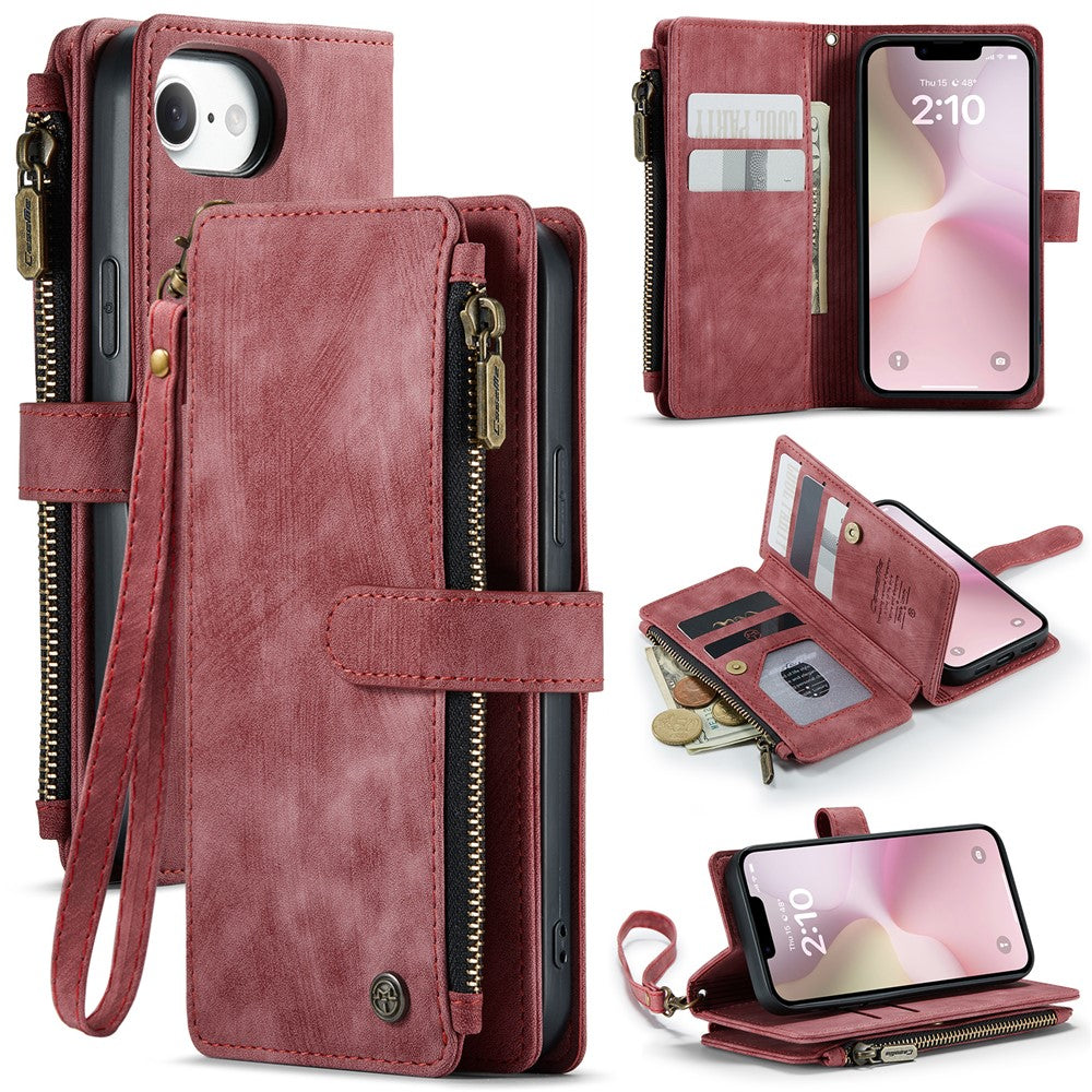 CASEME For iPhone 17th / 16th Phone Cases with Strap C30 Zipper Multiple Card Holder PU Leather Cover