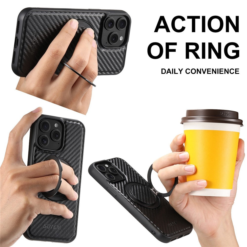 SUTENI G3 Til iPhone 14 Pro Magnetisk Etui Roterende Støtteben Kulfiber Tekstur Læder Telefon Bagcover