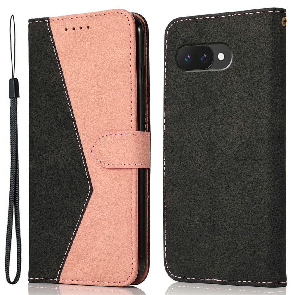 For Google Pixel 9a Cover Color Splicing Wallet Stand Leather Phone Case with Wrist Strap