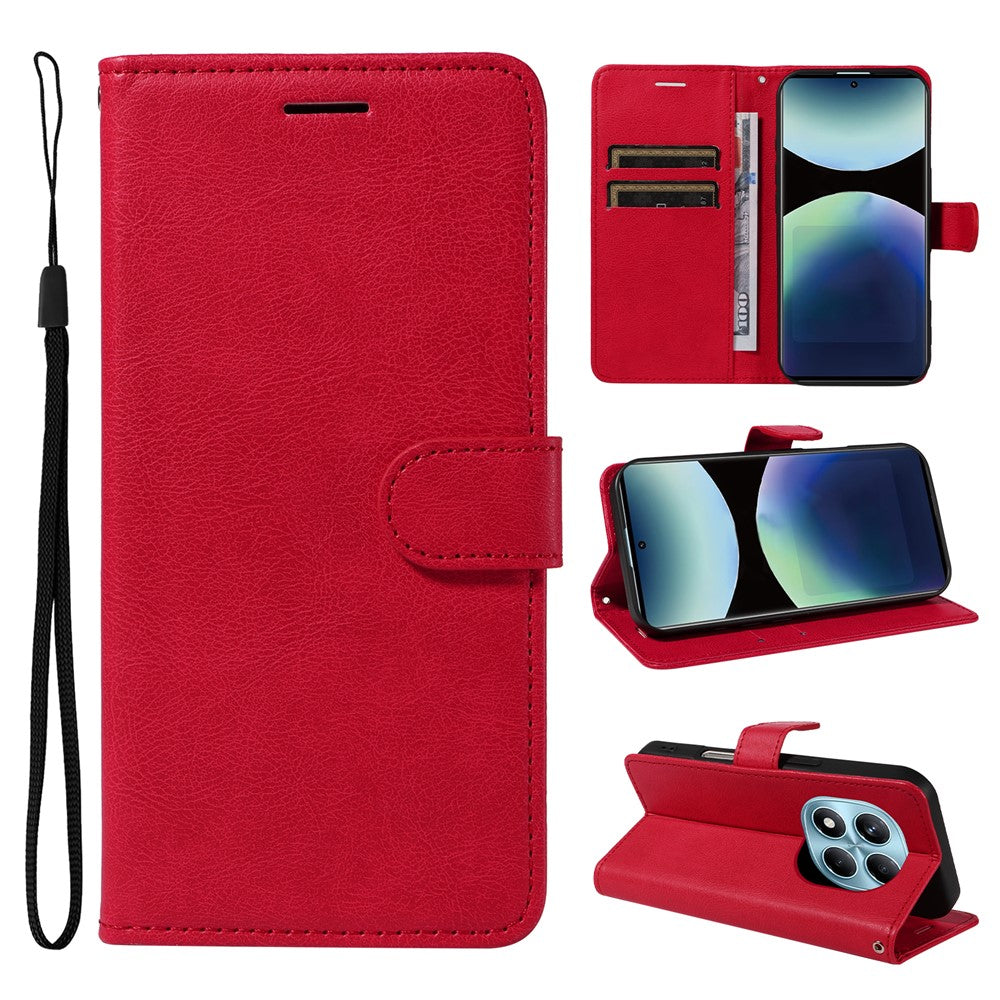 For Xiaomi Redmi Note 14 Pro 4G Leather Wallet Case with Strap Solid Color Phone Stand Cover