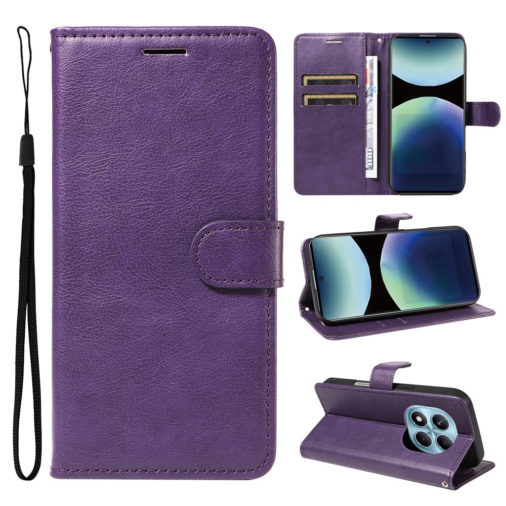 For Xiaomi Redmi Note 14 Pro 4G Leather Wallet Case with Strap Solid Color Phone Stand Cover