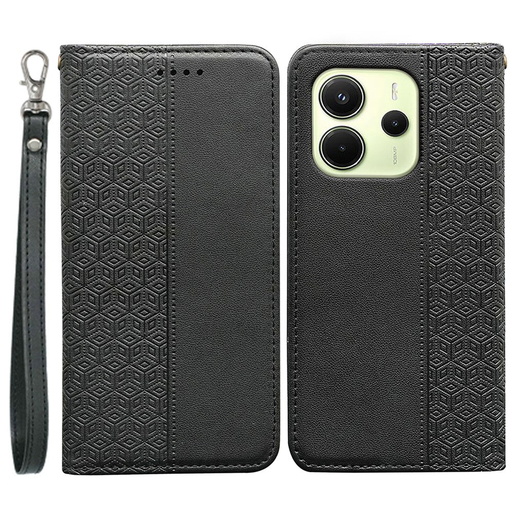 For Xiaomi Redmi Note 14 4G (163.25mm) Wallet Phone Case Checkered Pattern Imprint Leather Flip Cover with Wrist Strap