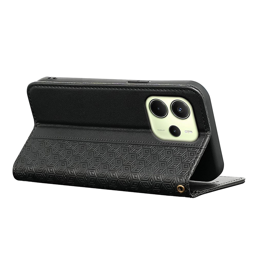 For Xiaomi Redmi Note 14 4G (163.25mm) Wallet Phone Case Checkered Pattern Imprint Leather Flip Cover with Wrist Strap