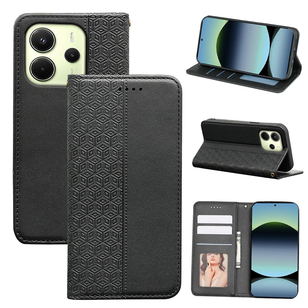For Xiaomi Redmi Note 14 4G (163.25mm) Wallet Phone Case Checkered Pattern Imprint Leather Flip Cover with Wrist Strap