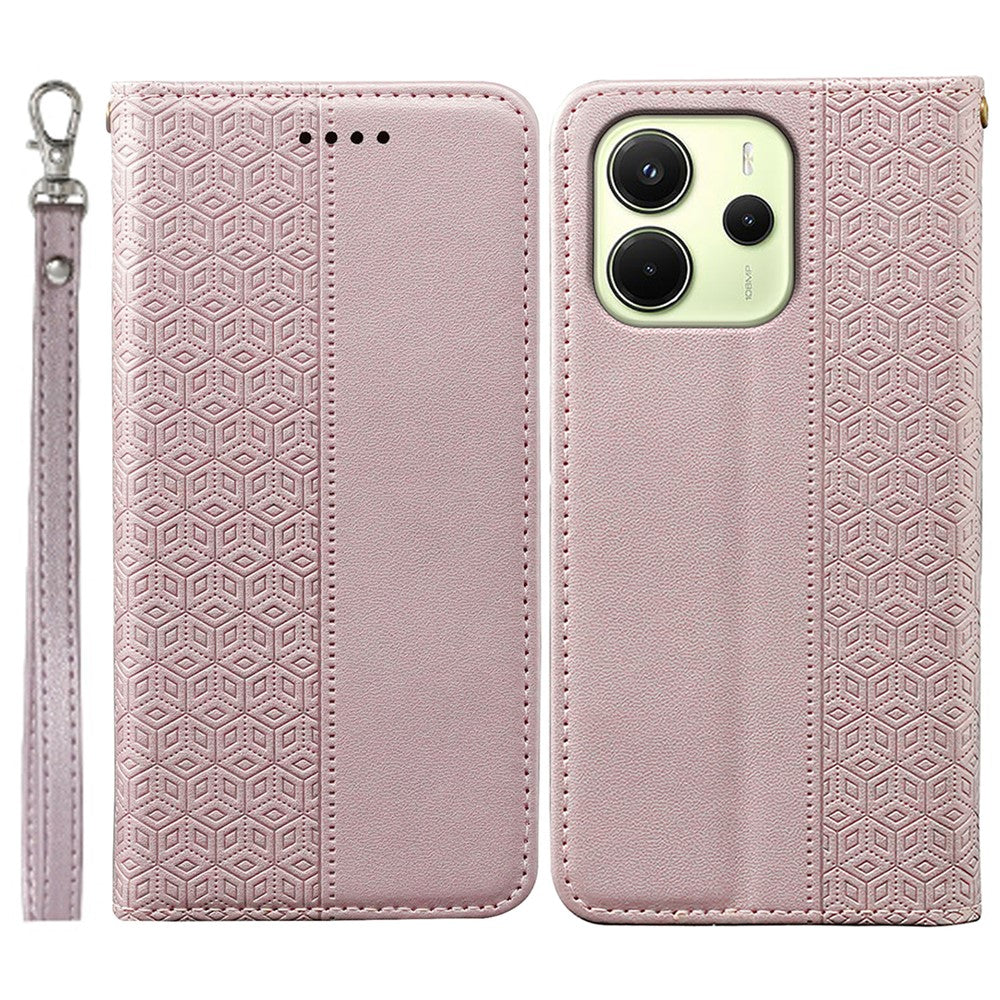 For Xiaomi Redmi Note 14 4G (163.25mm) Wallet Phone Case Checkered Pattern Imprint Leather Flip Cover with Wrist Strap