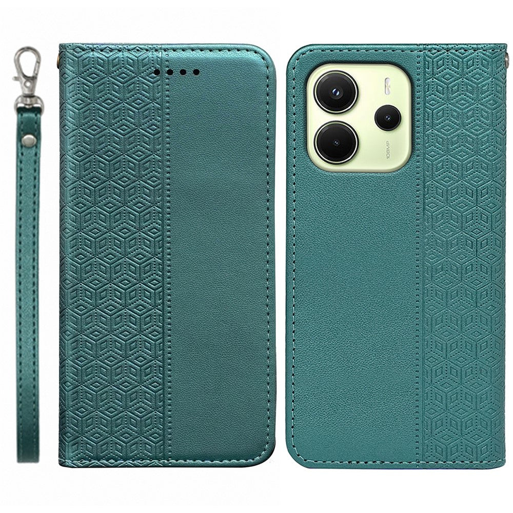 For Xiaomi Redmi Note 14 4G (163.25mm) Wallet Phone Case Checkered Pattern Imprint Leather Flip Cover with Wrist Strap