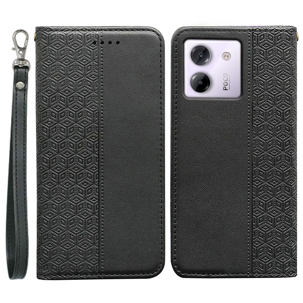 For Xiaomi Poco M7 Pro 5G Wallet Phone Case Checkered Pattern Imprint Leather Flip Cover with Wrist Strap