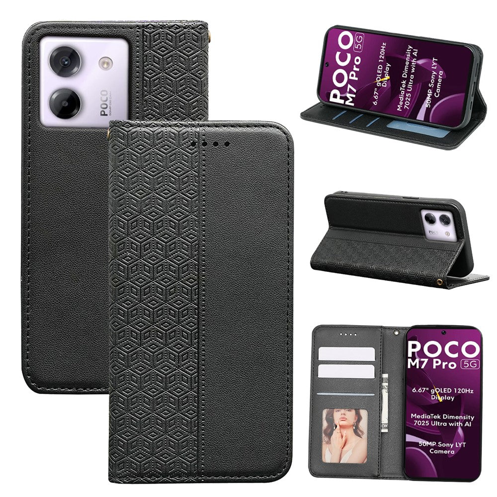 For Xiaomi Poco M7 Pro 5G Wallet Phone Case Checkered Pattern Imprint Leather Flip Cover with Wrist Strap