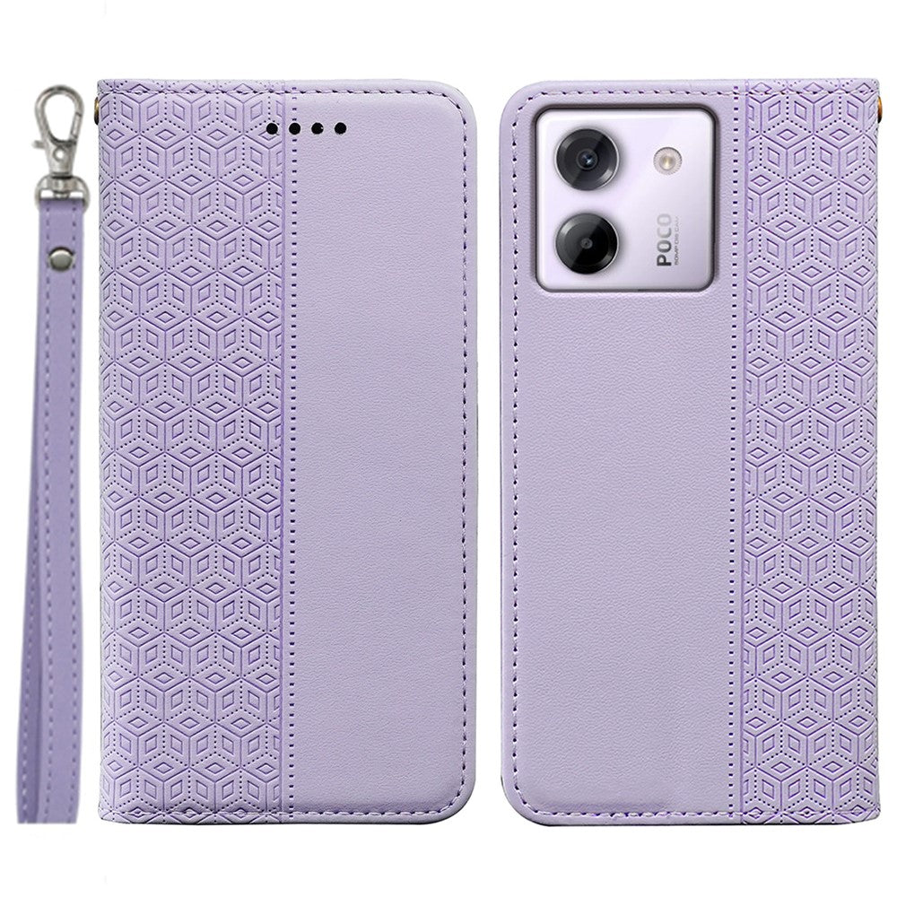 For Xiaomi Poco M7 Pro 5G Wallet Phone Case Checkered Pattern Imprint Leather Flip Cover with Wrist Strap