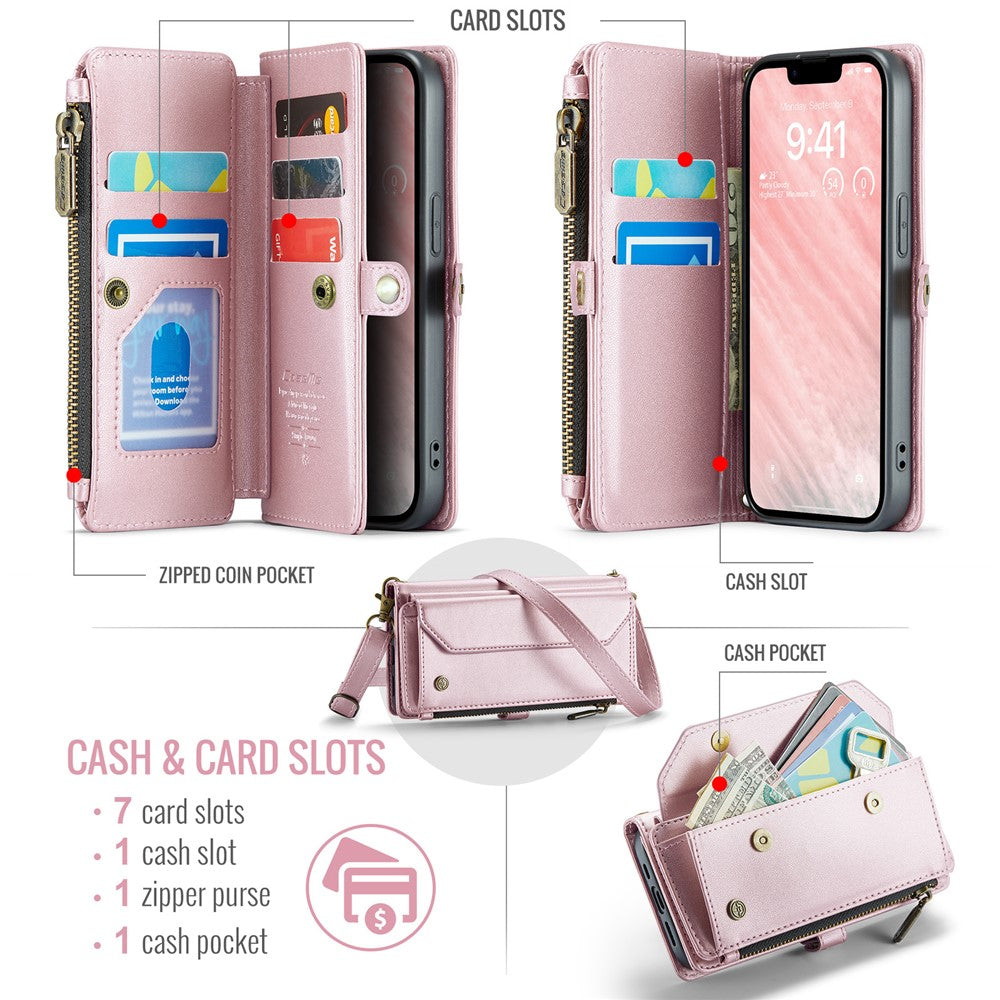 CASEME For iPhone 17e / 16e Leather Case  C36 Zipper Multiple Card Slots Phone Cover with Straps