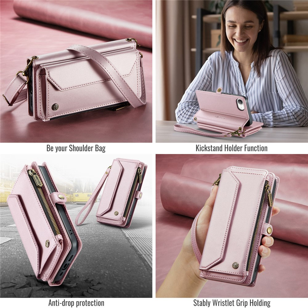 CASEME For iPhone 17e / 16e Leather Case  C36 Zipper Multiple Card Slots Phone Cover with Straps