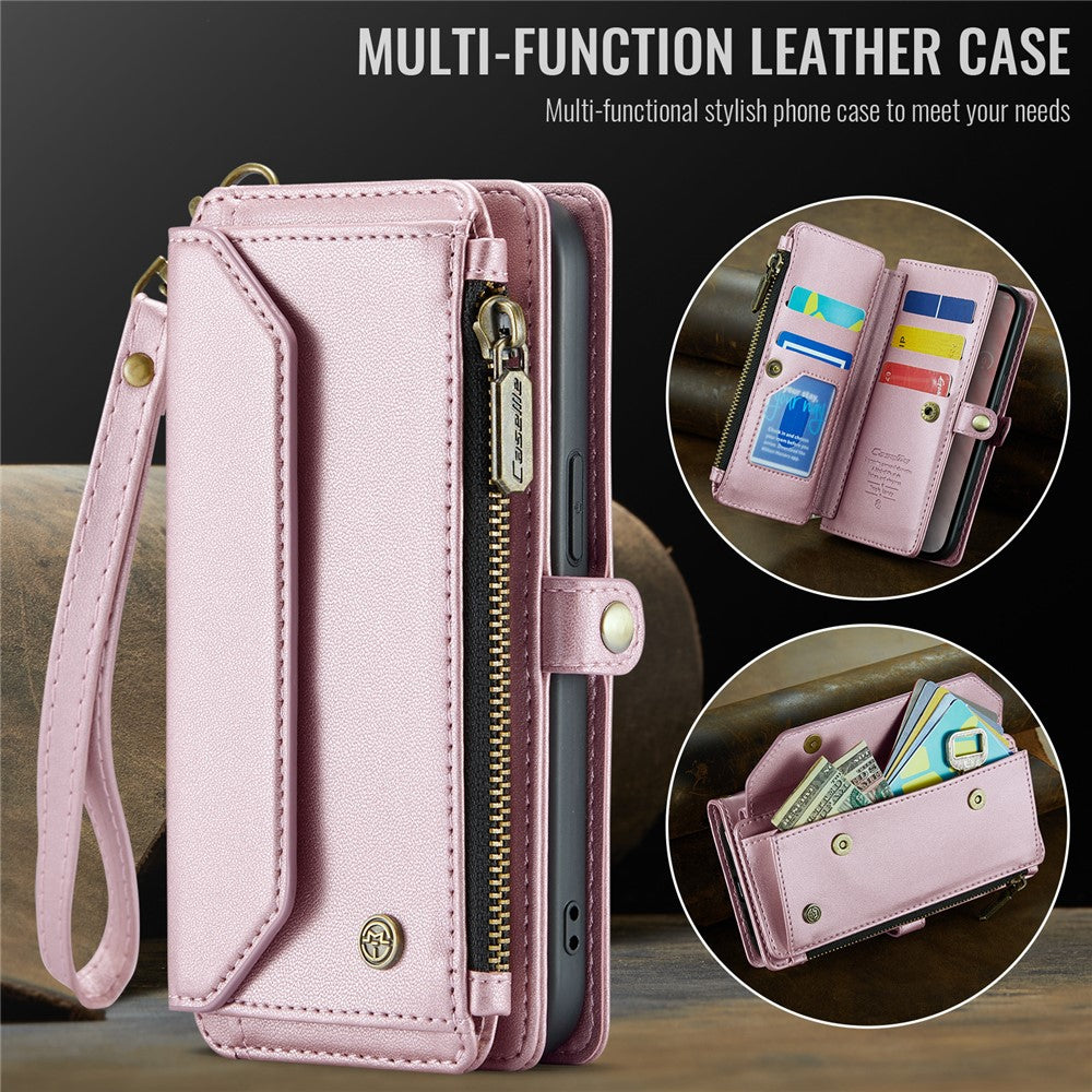 CASEME For iPhone 17e / 16e Leather Case  C36 Zipper Multiple Card Slots Phone Cover with Straps
