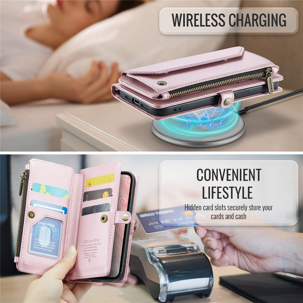 CASEME For iPhone 17e / 16e Leather Case  C36 Zipper Multiple Card Slots Phone Cover with Straps