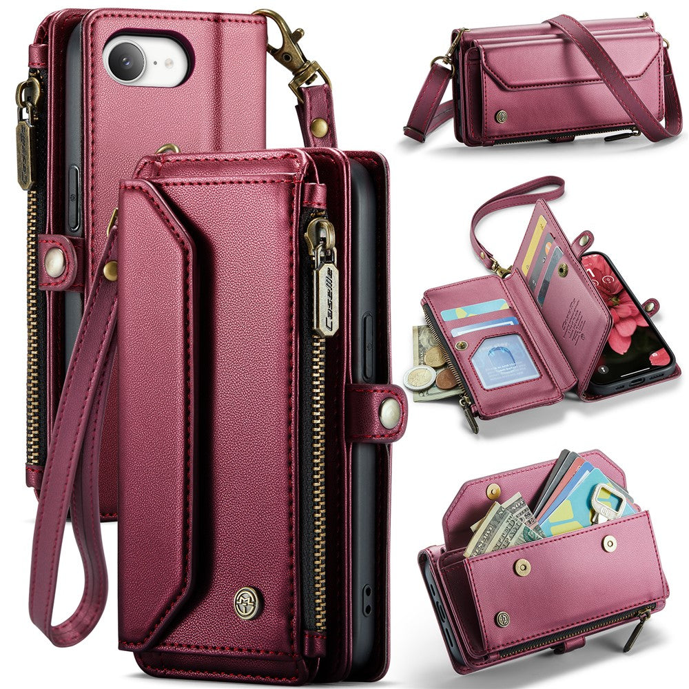 CASEME For iPhone 17e / 16e Leather Case  C36 Zipper Multiple Card Slots Phone Cover with Straps