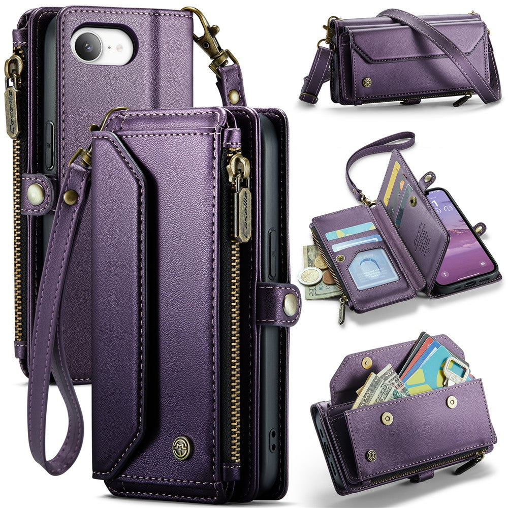 CASEME For iPhone 17e / 16e Leather Case  C36 Zipper Multiple Card Slots Phone Cover with Straps
