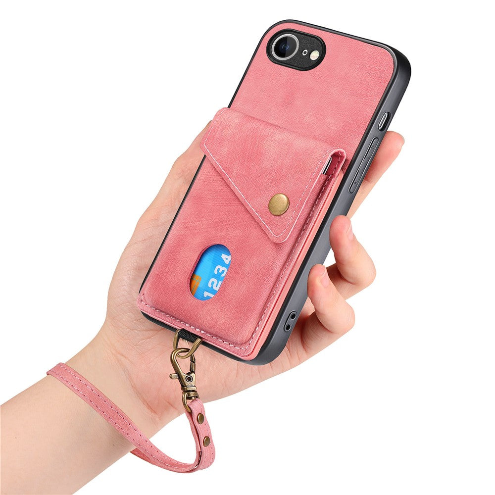 iPhone 17e / 16e Läderskal med Korthållare & Ställ - Rosa