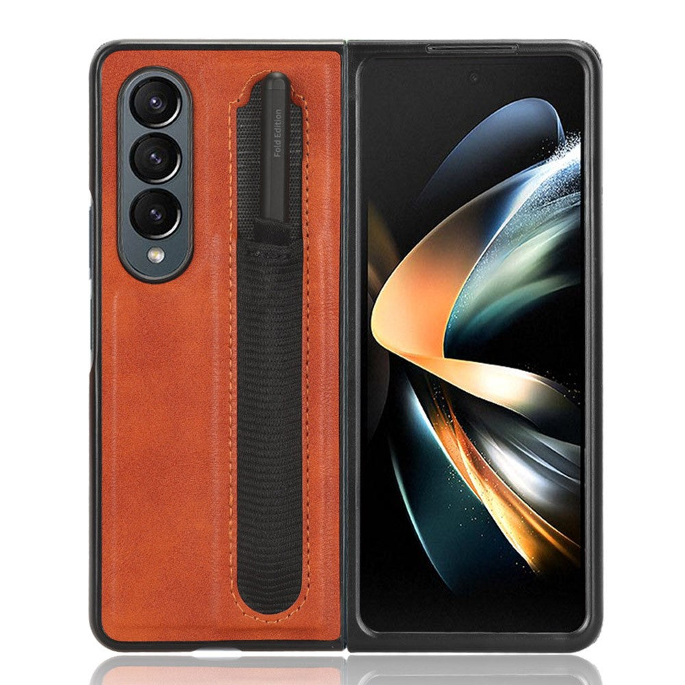 For Samsung Galaxy Z Fold4 5G Retro Texture PU Leather + Hard PC Shell Shockproof Anti-Scratch Phone Cover with Pen Holder