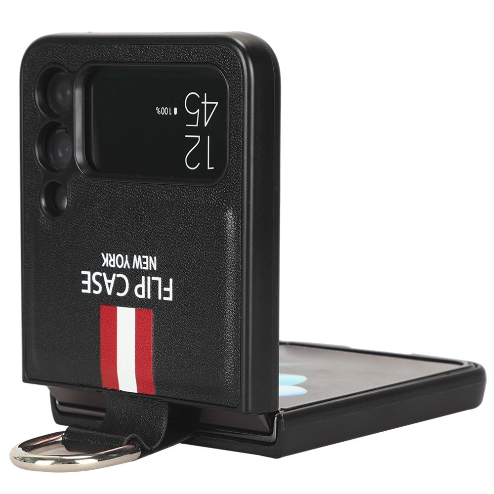 Samsung Galaxy Z Flip4 5G Färgat randmönster Tryckt mobilskal PU-läderbelagt hårt PC-skyddsfodral med fingerringrem