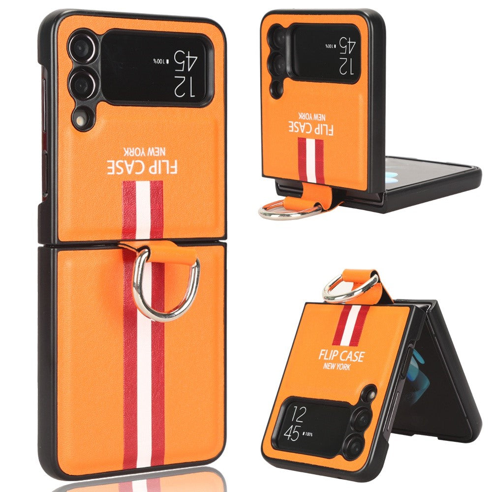 Samsung Galaxy Z Flip4 5G Färgat randmönster Tryckt mobilskal PU-läderbelagt hårt PC-skyddsfodral med fingerringrem
