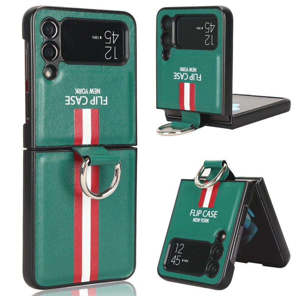 Samsung Galaxy Z Flip4 5G Färgat randmönster Tryckt mobilskal PU-läderbelagt hårt PC-skyddsfodral med fingerringrem
