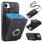 For iPhone 17th / 16th Case Card Holder Ring Kickstand TPU + PU Leather Phone Cover with Long Strap