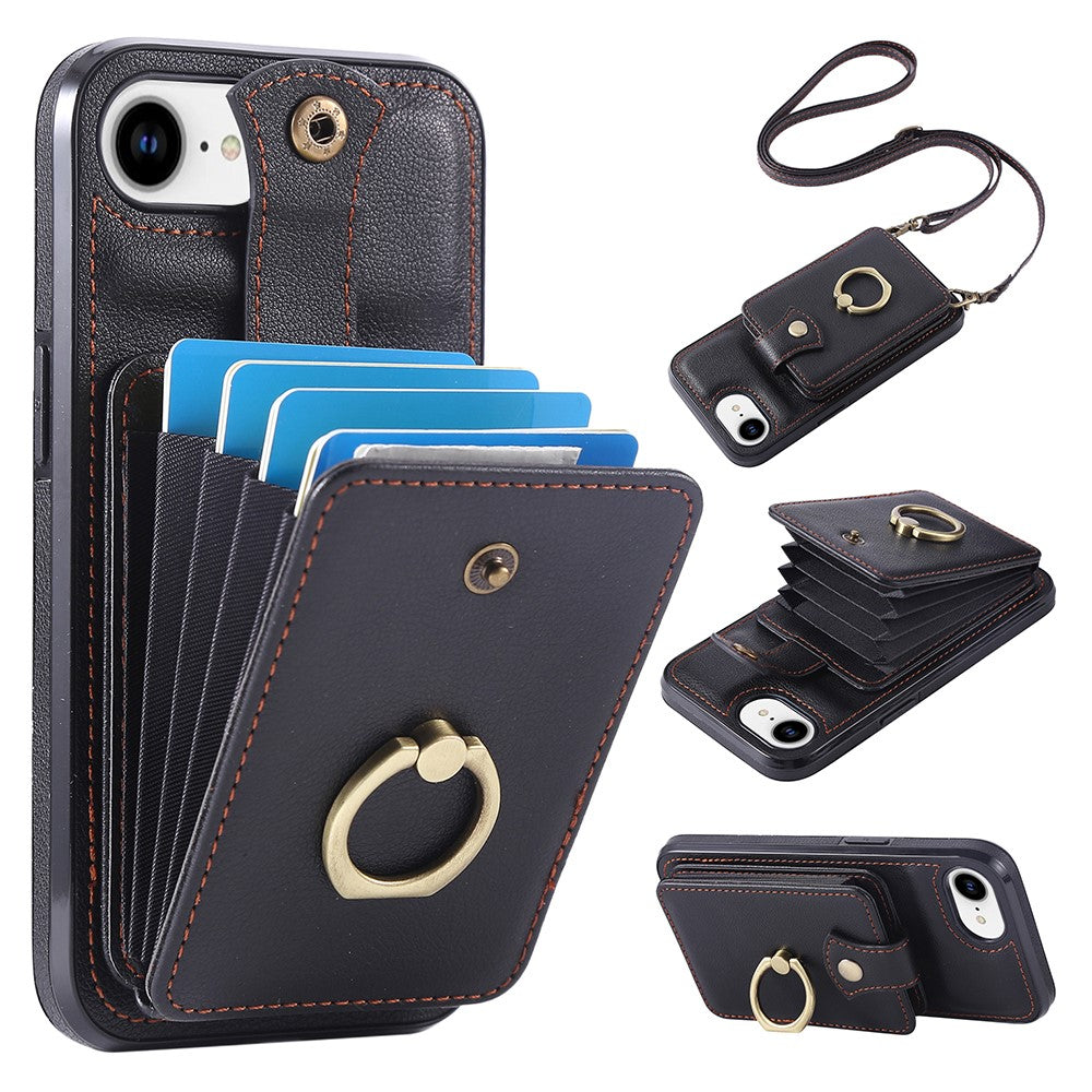 For iPhone 17th / 16th Case Card Holder Ring Kickstand TPU + PU Leather Phone Cover with Long Strap