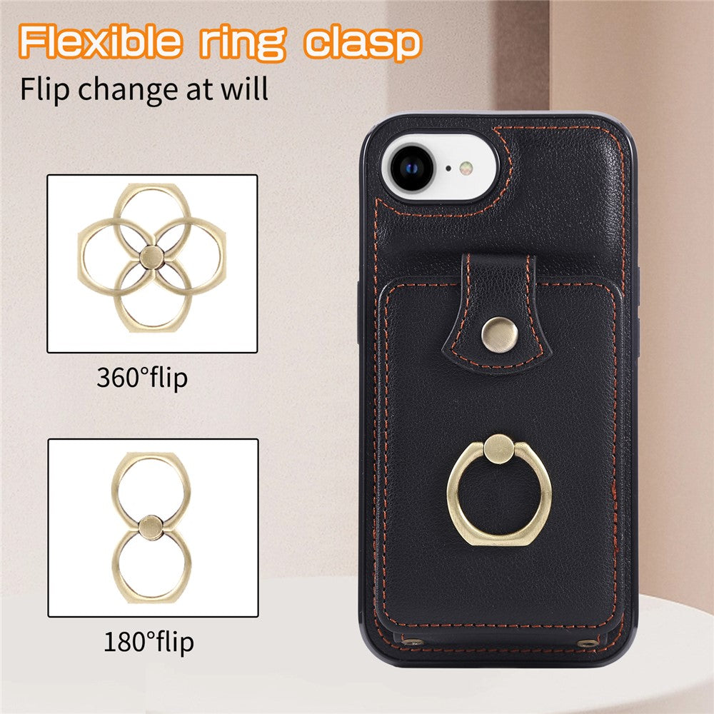 For iPhone 17th / 16th Case Card Holder Ring Kickstand TPU + PU Leather Phone Cover with Long Strap