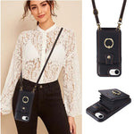 For iPhone 17th / 16th Case Card Holder Ring Kickstand TPU + PU Leather Phone Cover with Long Strap