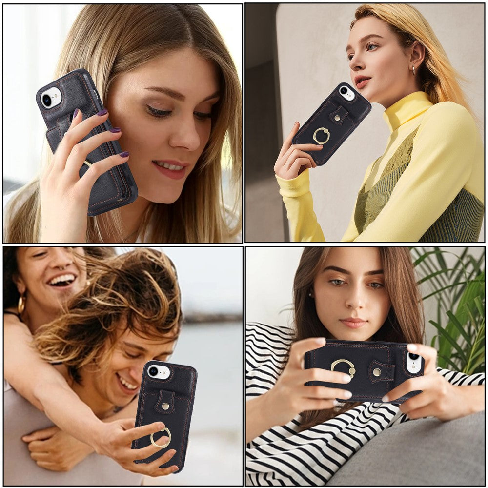 For iPhone 17th / 16th Case Card Holder Ring Kickstand TPU + PU Leather Phone Cover with Long Strap
