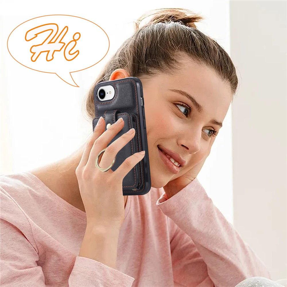 For iPhone 17th / 16th Case Card Holder Ring Kickstand TPU + PU Leather Phone Cover with Long Strap